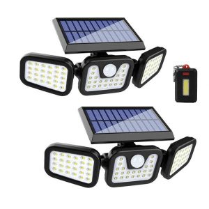 2 Solar Security Flood Light 3 Adjustable Heads With Mini COB LED Keychain