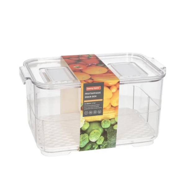 2 in1 Clear Plastic Fruit and Veggie Drainer Storage Box 23cm