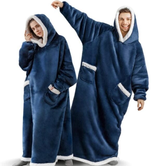 Extra Long Oversized Plush Blanket Hoodies - Blue -3
