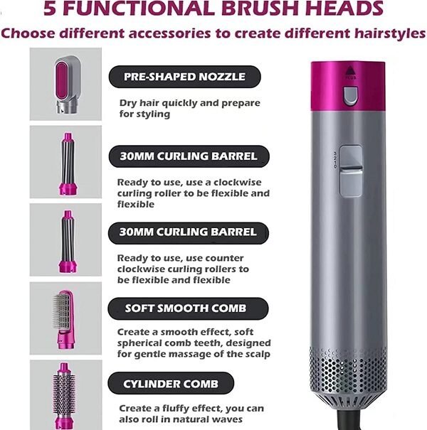 5 In 1 Hair Styler With Hot Air Brush, Air Curler, Hair Dryer, Straighteners, Wrapper