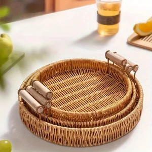 3 Piece Round Woven Ratan Style Tray Set