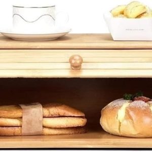 Bamboo Bread Bin with Roll-Top Lid – 38 x 20 x 19 cm – Natural Wooden Bread Storage Box