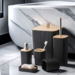 Luxury 6-Piece Bathroom Accessories Set With Wooden Lid – Black