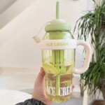 Portable Plastic Water And Ice Cream Bottle 1200ml With Tea Infuser Straw – Green