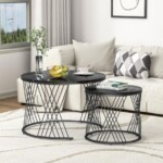 Round Black Faux Marble Marble Top – Modern Space-Saving Coffee And Side Table Set