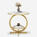 Luxury Side Table Golden Metal Marble Surface Modern Round Double Layer Furniture Side Table Multifunctional Simple Modern Design