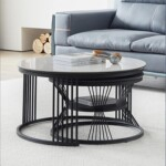 Slate Round Coffee Tables for Living Room, Office, Apartment, Modern Sofa Table Cocktail Table with Sturdy Metal Frame