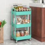 Simple Trending 3 Tier Metal Cart on Wheels, Heavy Duty Rolling Storage Cart for Kitchen to Organize Books Snacks Tools-Pink & turquoise