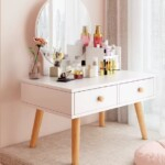 Small Vanity Desk Set, Bay Window Dressing Table with Adjustable LED Mirror, Makeup Table with Organizer Drawers, Bedroom Vanity Table Study Table for Women Girls