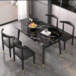 Modern Black Marble Dining Table Set with 4 Chairs – Gold Accent Legs