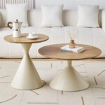 Modern Round Coffee Table with Wooden Top & Cream Metal Base