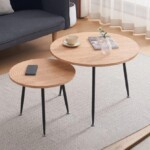 Modern Round Wooden Nesting Coffee Table Set – Light Walnut