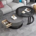 Modern Marble & Glass Round Nesting Coffee Table Set – Black And Grey