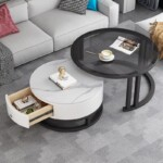 Modern Marble & Glass Round Nesting Coffee Table Set – Black And White