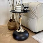 2 x Modern Round Side Table with Matte Black Top & Gold Pedestal Base
