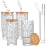 4 Pack Drinking Glasses Set with Bamboo Lid and Straw