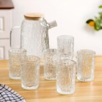 7-Piece Textured Glass Water Jug & Tumbler Set with Wooden Lid