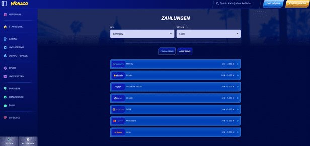 Wonaco bonus, wonaco Auszahlung