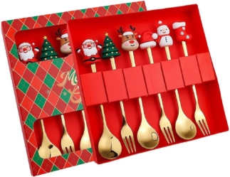 Gold Christmas Spoons and Forks Set Pack of 6